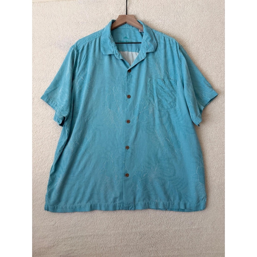 Tommy Bahama Hawaiian Shirt Men's 2XL Blue Jacquard Floral Short Sleeve Button